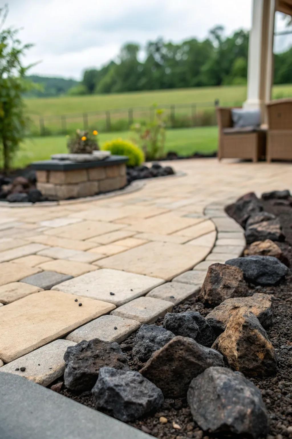 Lava rock accents provide a bold contrast and texture.