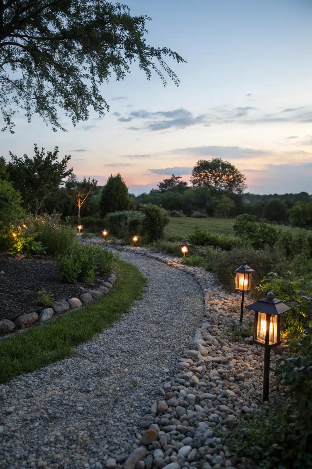 Gravel paths illuminated by solar lights create enchanting garden trails.