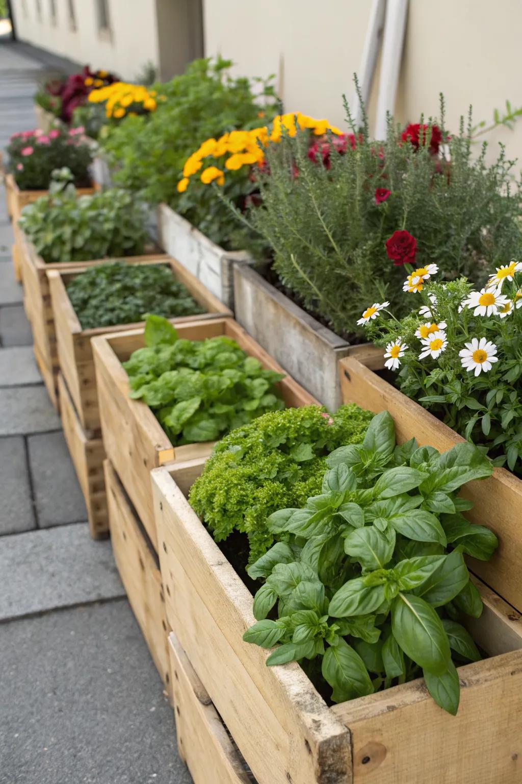 Wooden crates offer a charming and portable raised garden option.