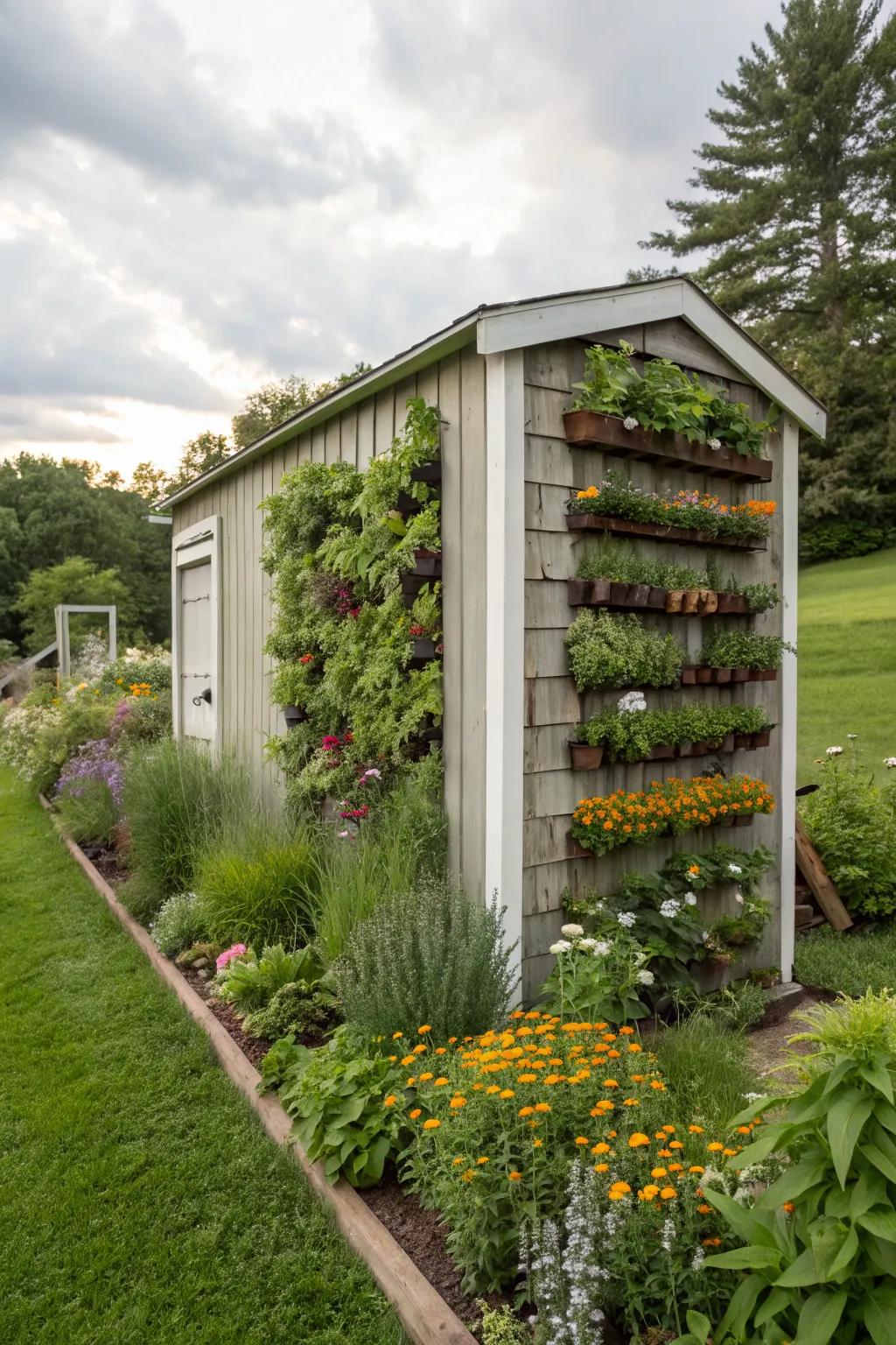 A vertical garden adds a natural touch to a shed's exterior.