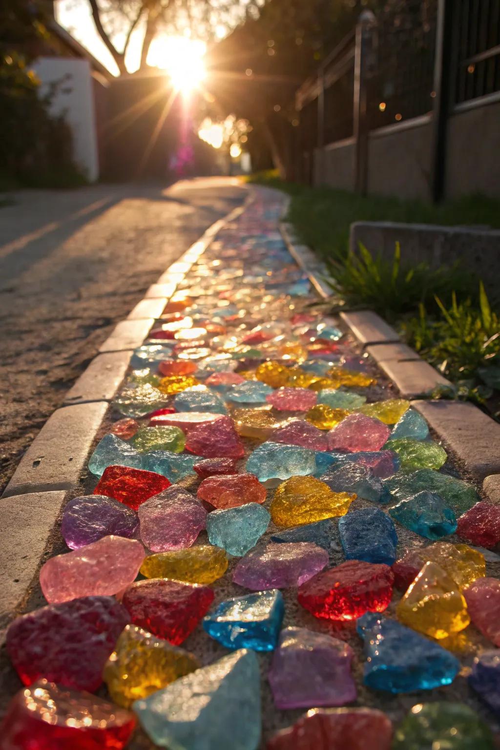 Tumbled glass paths add color and shine.