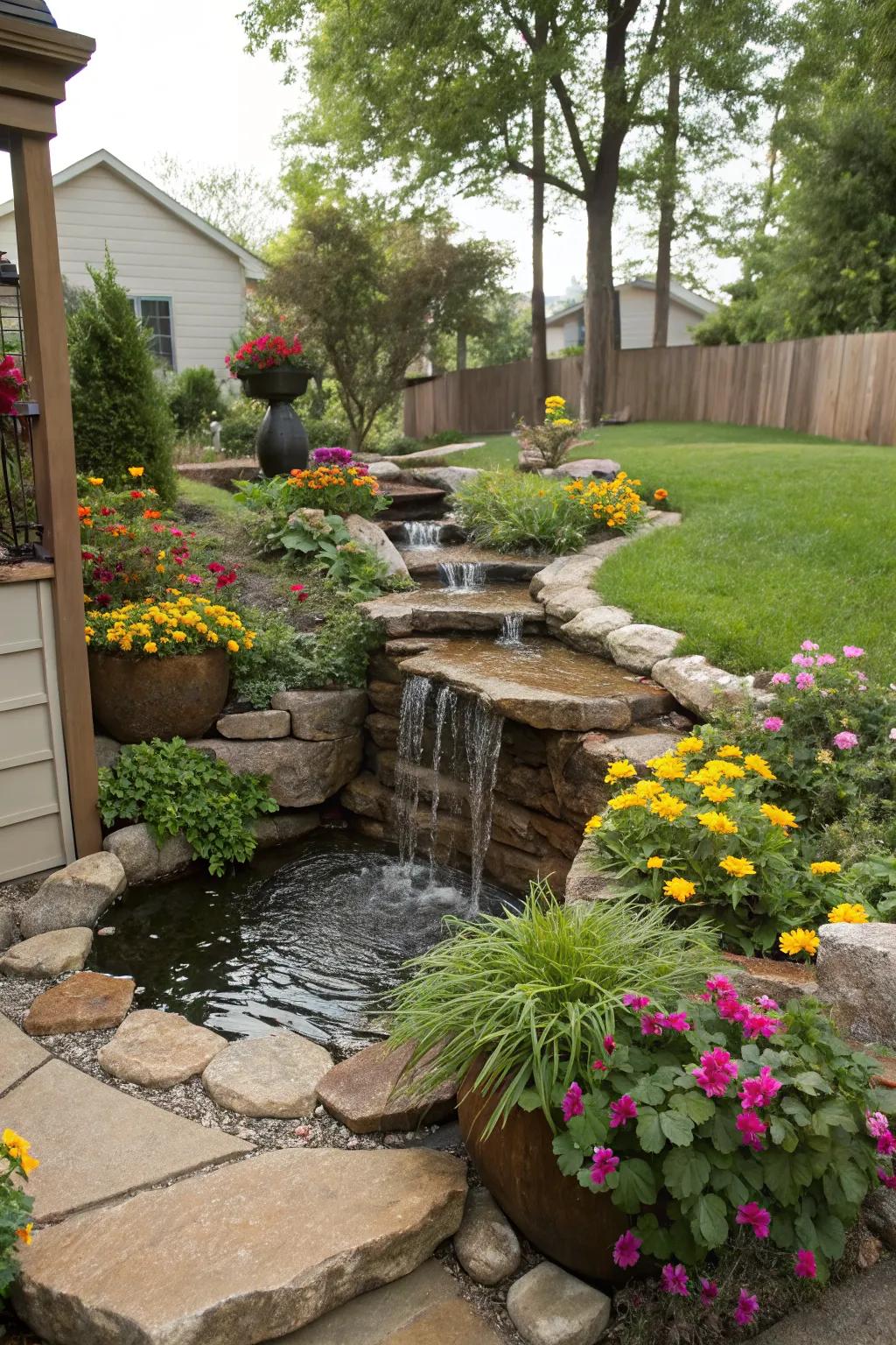 Water features add a tranquil vibe without breaking the bank.