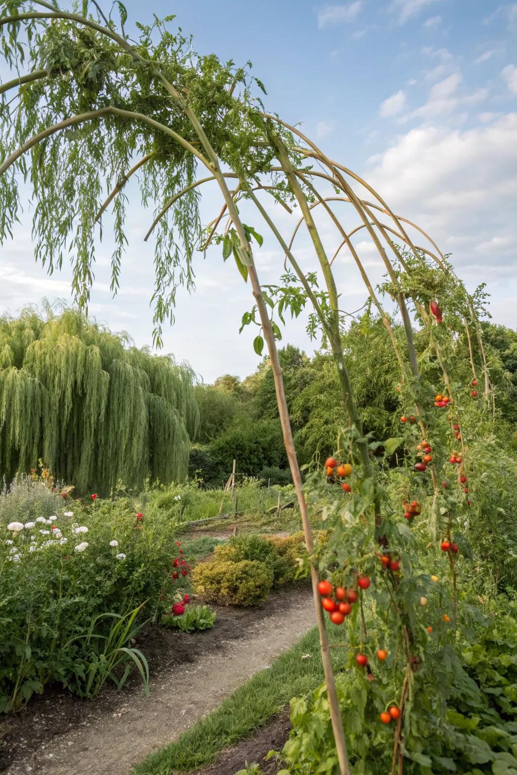 Cherry tomatoes flourishing on a nature-inspired willow trellis.