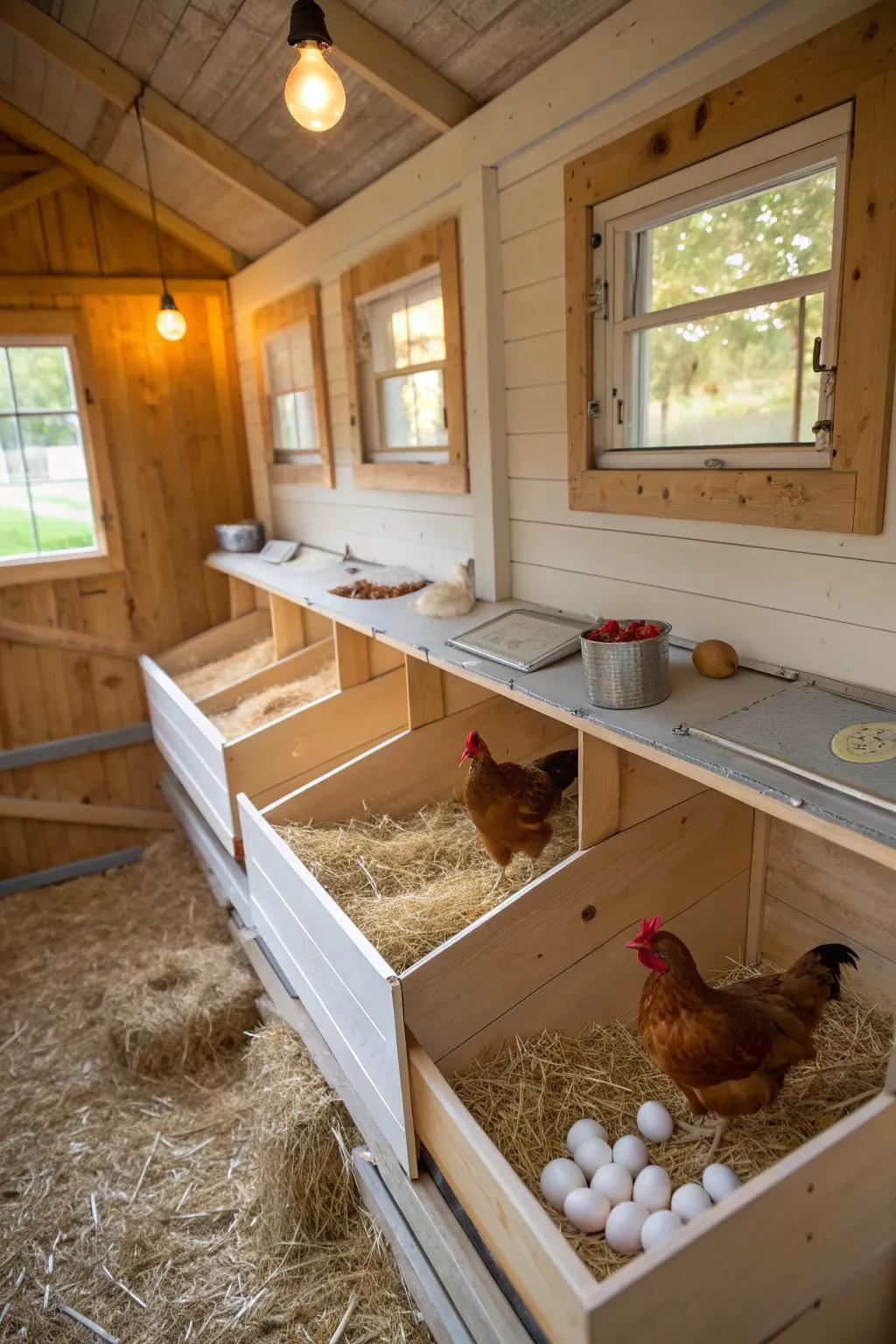 Nesting boxes provide a cozy spot for laying eggs.