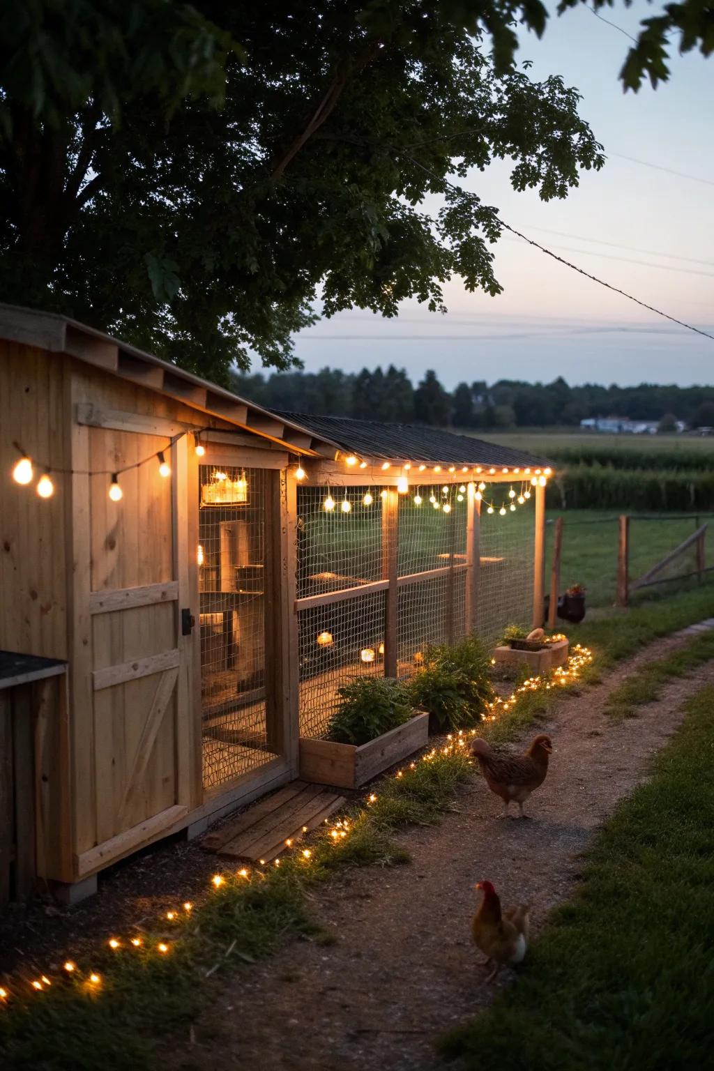 Hanging lights create a magical atmosphere around the coop.
