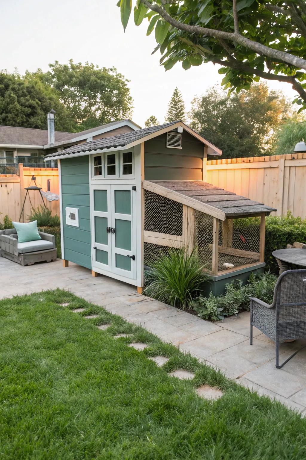 A modern ombre effect on a chicken coop, offering a stylish and unique look.