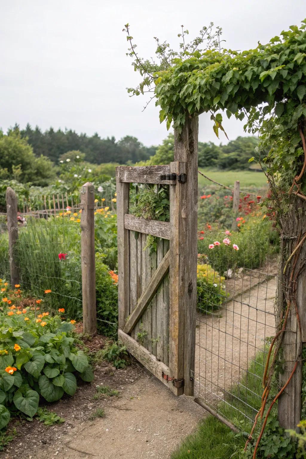 A charming gate crafted from reclaimed materials.