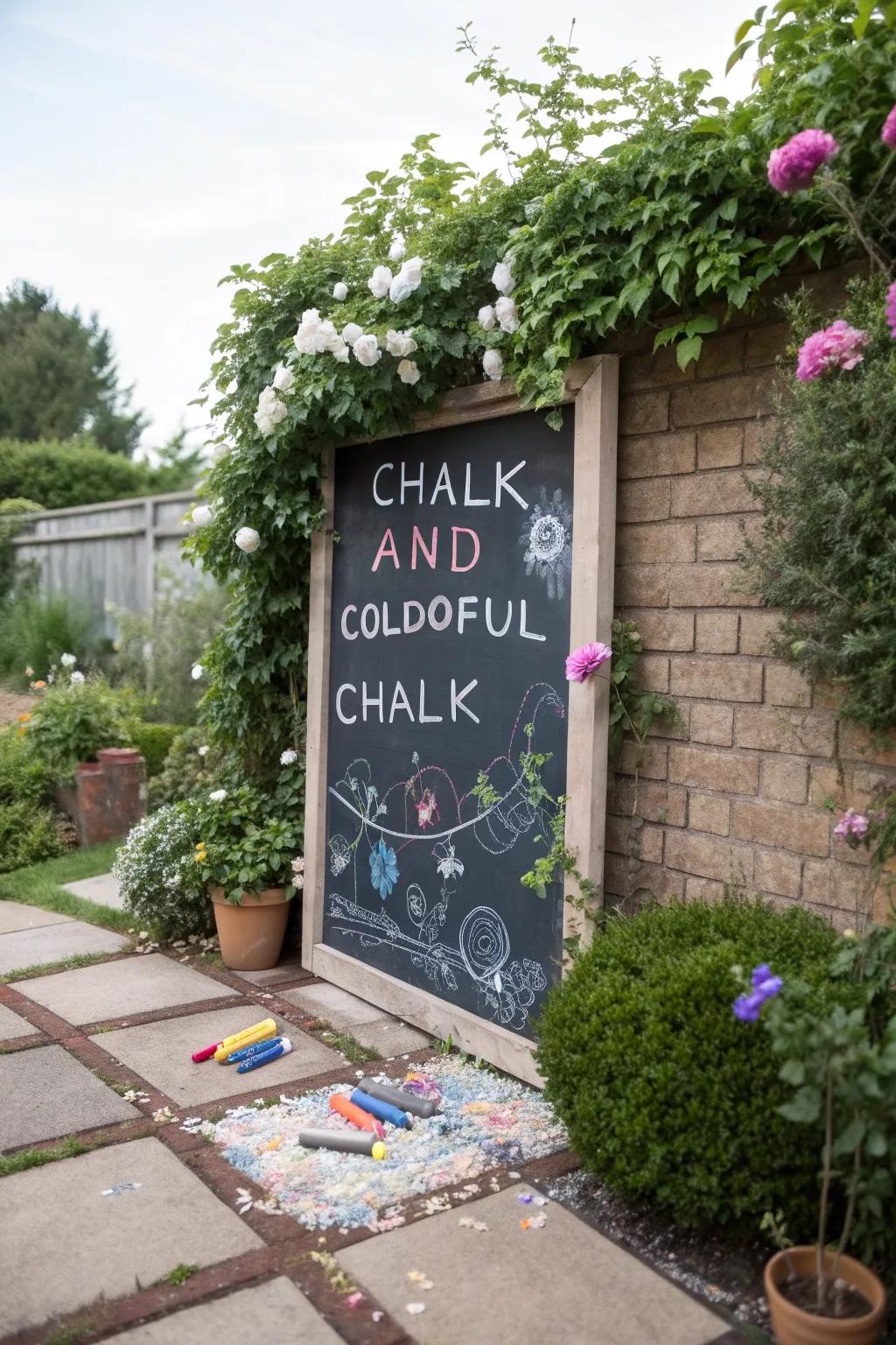 An outdoor chalkboard offers endless creative possibilities for children.