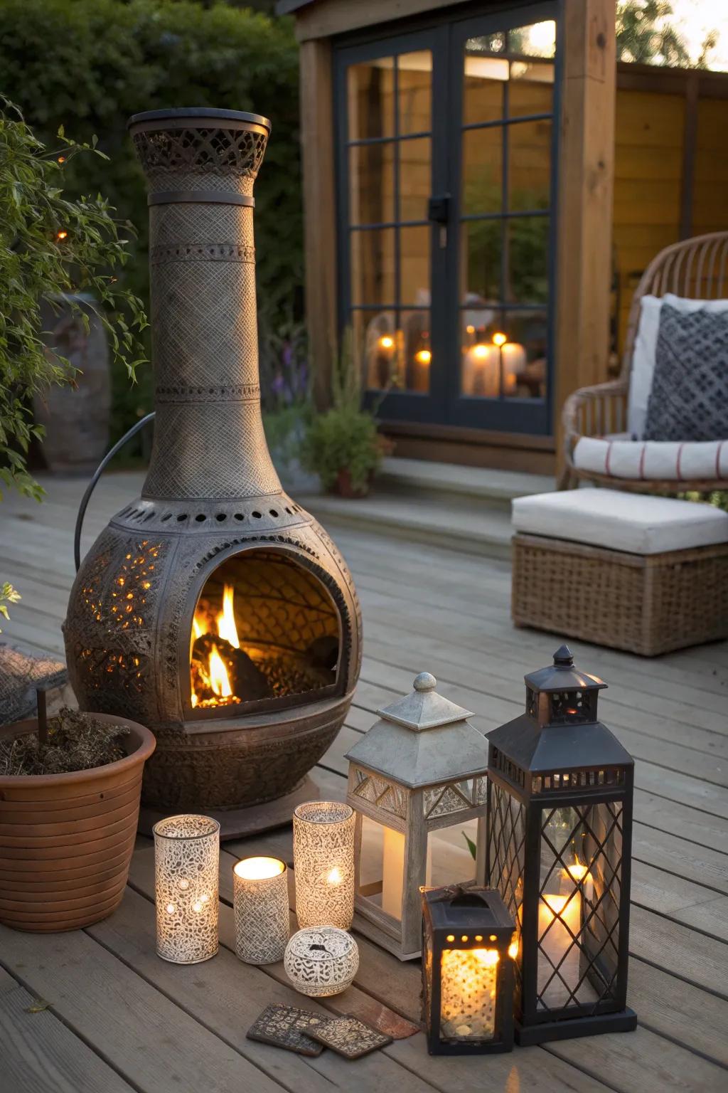 Enhance your chiminea’s warmth with charming lanterns.