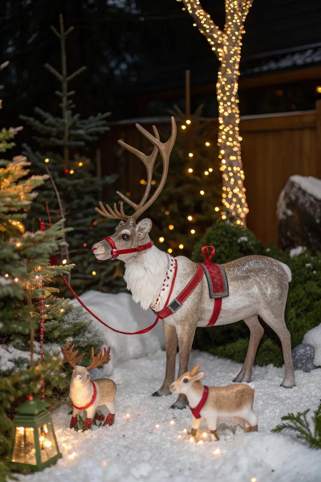 Reindeer figurines enhance the holiday spirit in the garden.