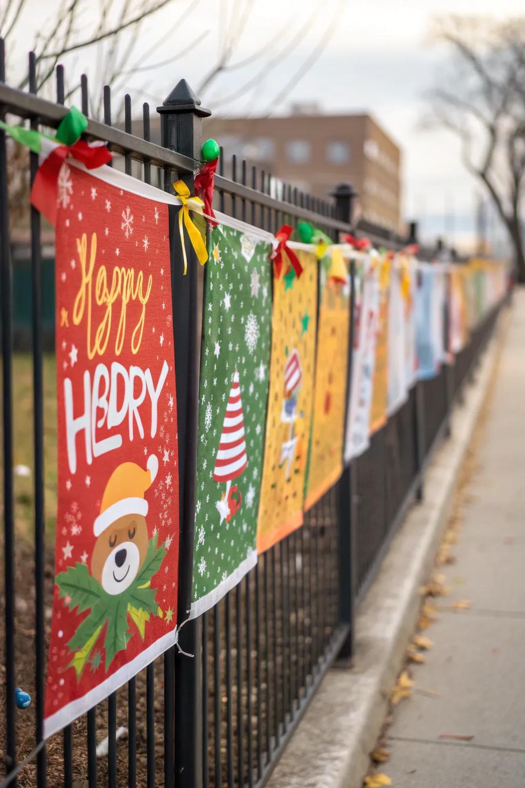 Festive banners spread cheer with holiday messages.