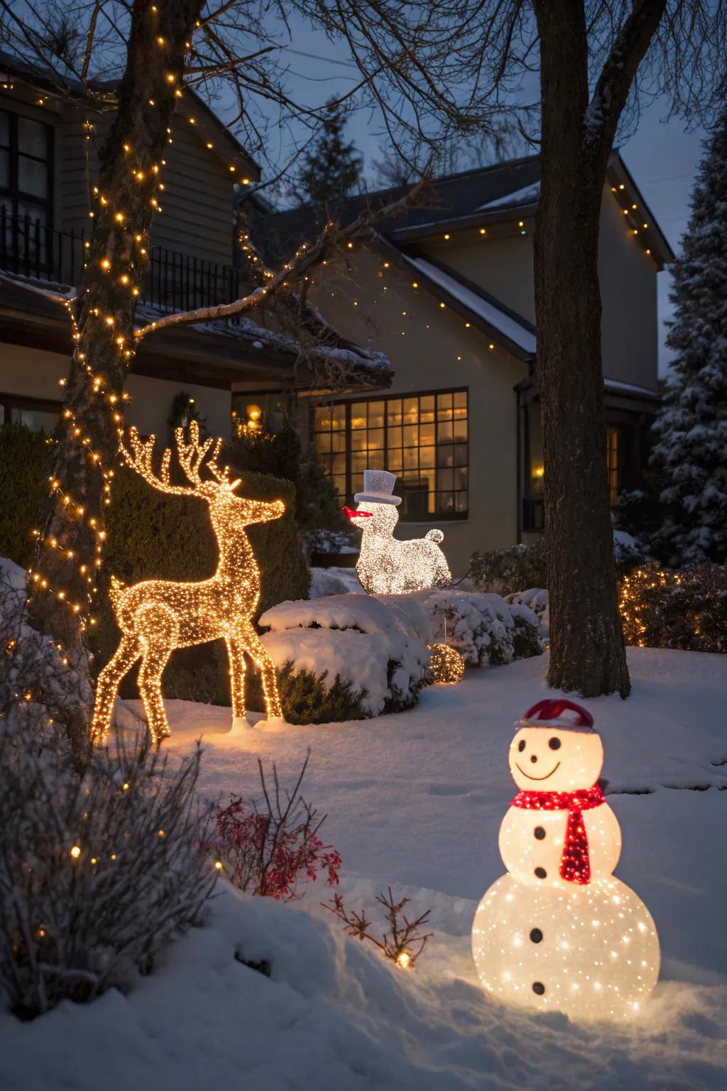 Lighted figures in the yard, bringing festive characters to life.