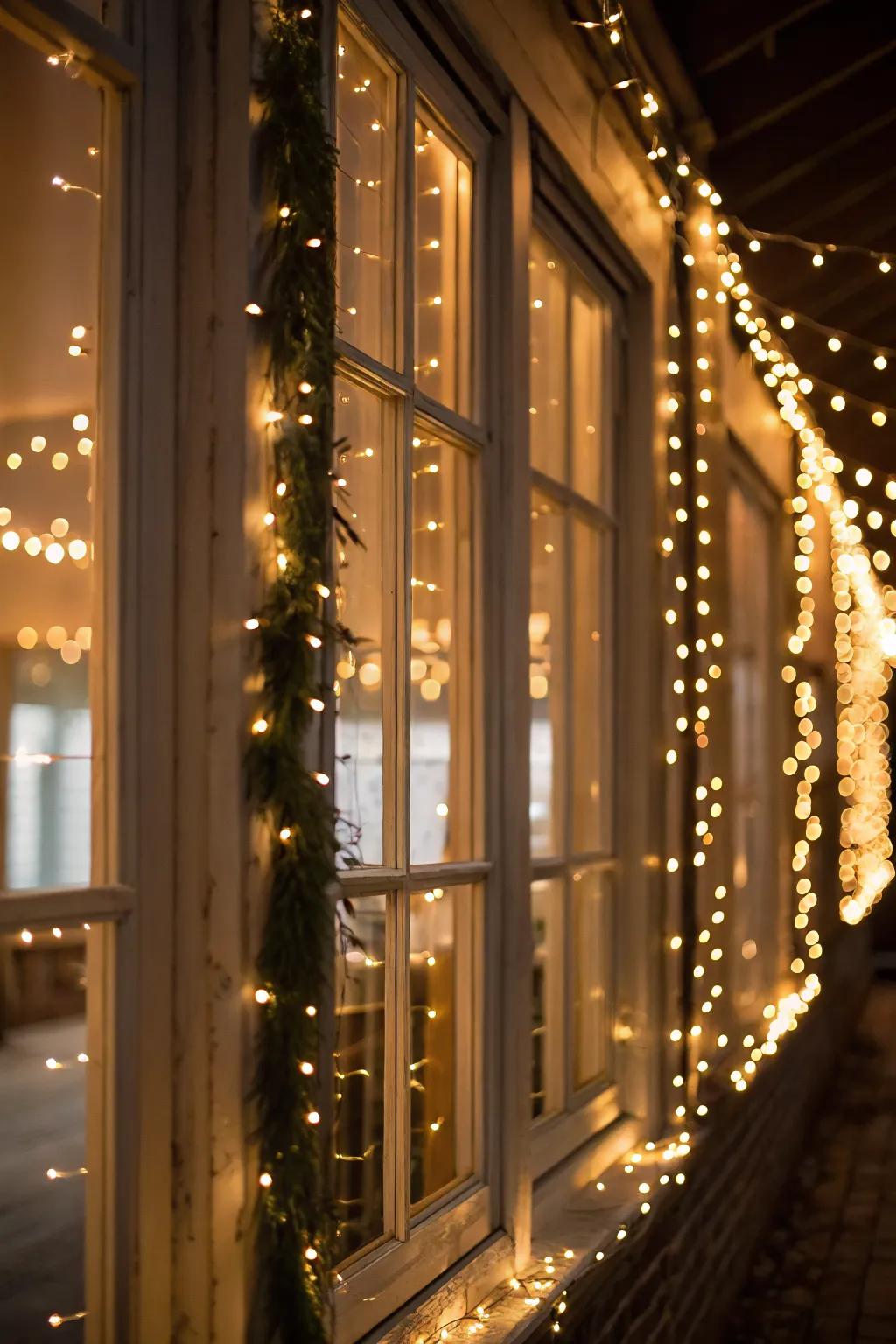 Window wonderland with LED string lights framing beautiful holiday scenes.