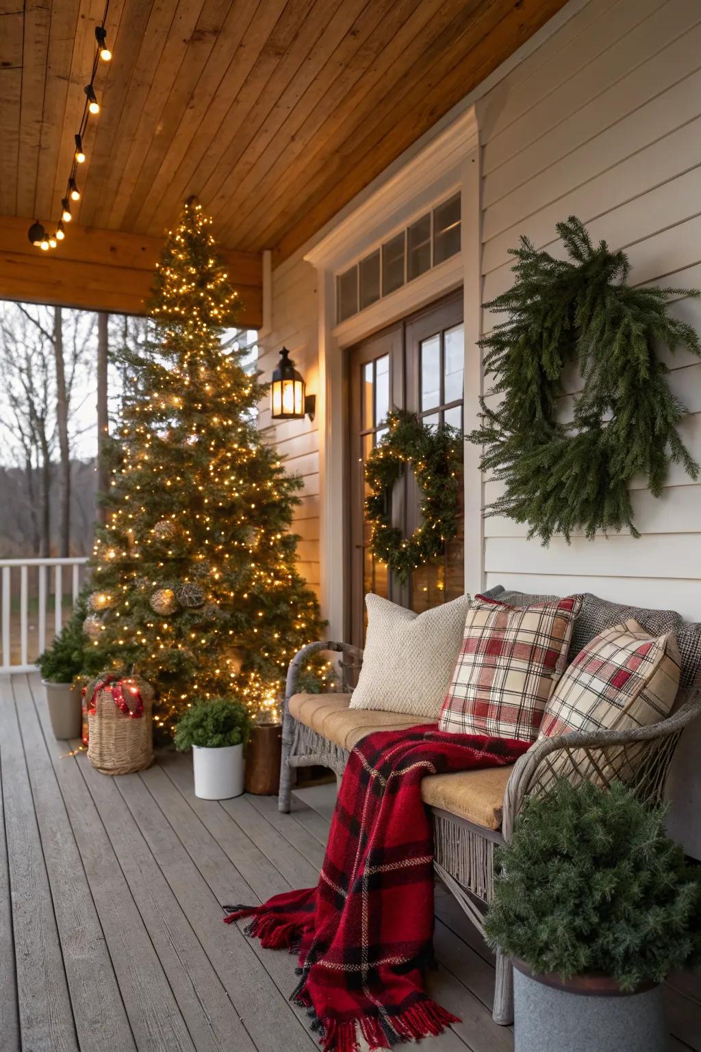 Plaid textiles add a cozy, festive touch to your porch.
