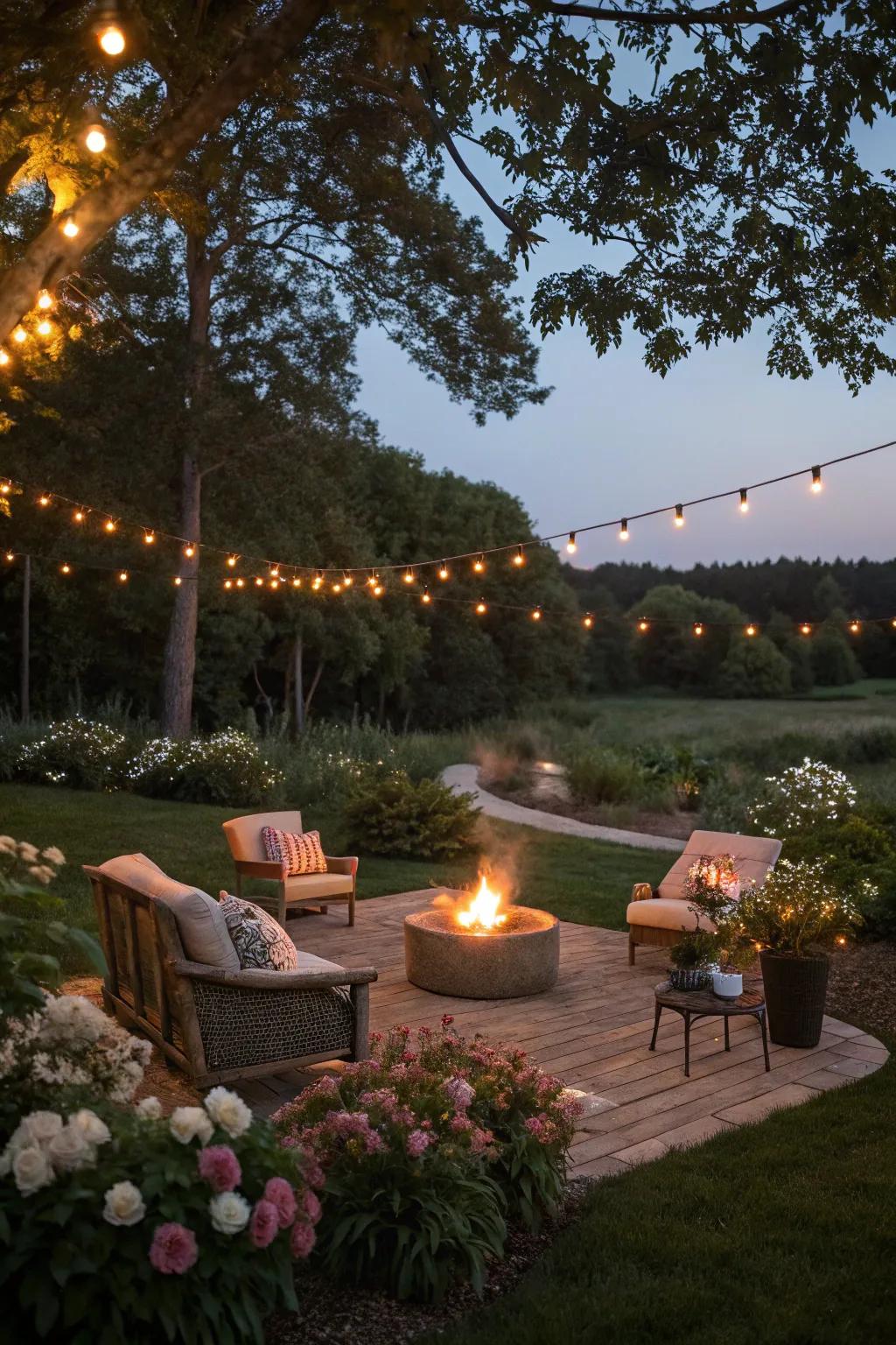 String lights cast a magical glow over this inviting fire pit area.