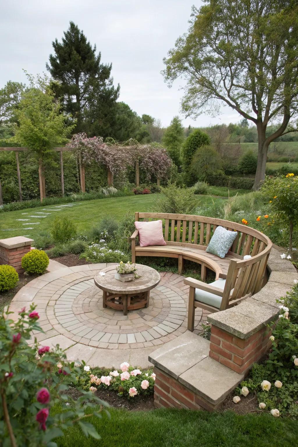 A seating area turns a circular garden into a cozy retreat.
