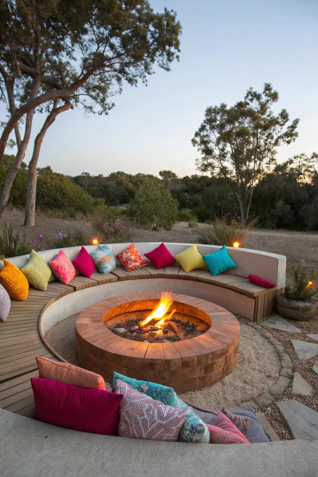Cushions and pillows add comfort and color to fire pit seating.