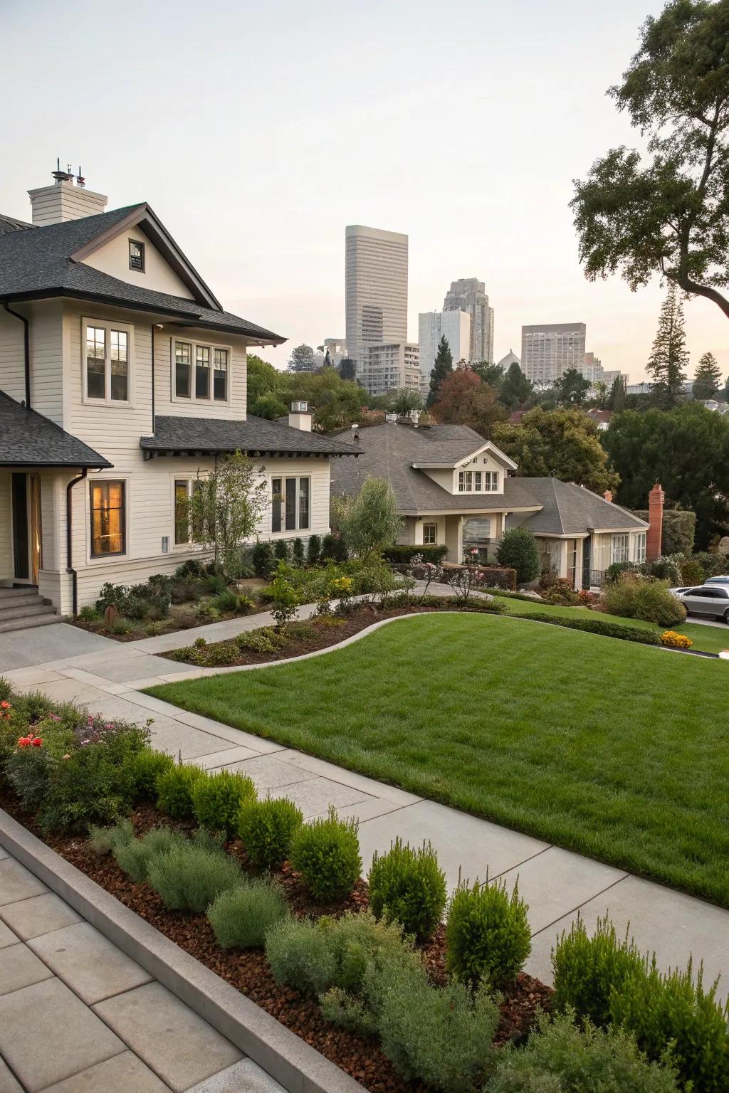 A city front yard that complements the architectural style of the home.