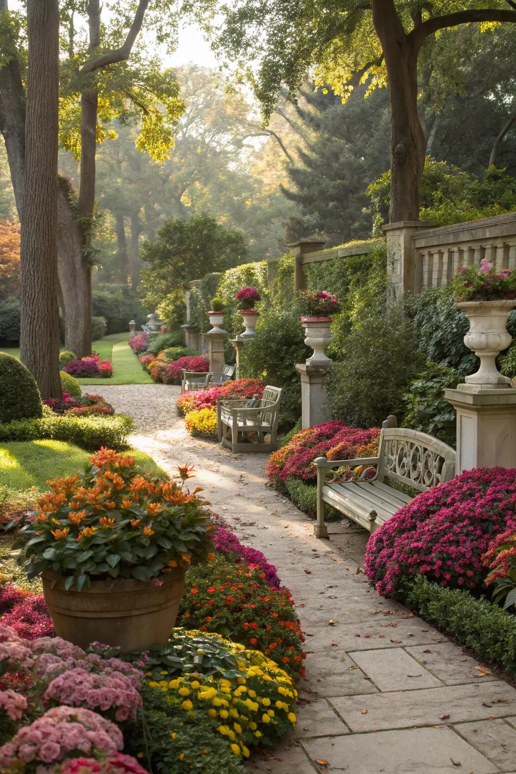 Color-coordinated plants and decor creating a cohesive garden aesthetic.