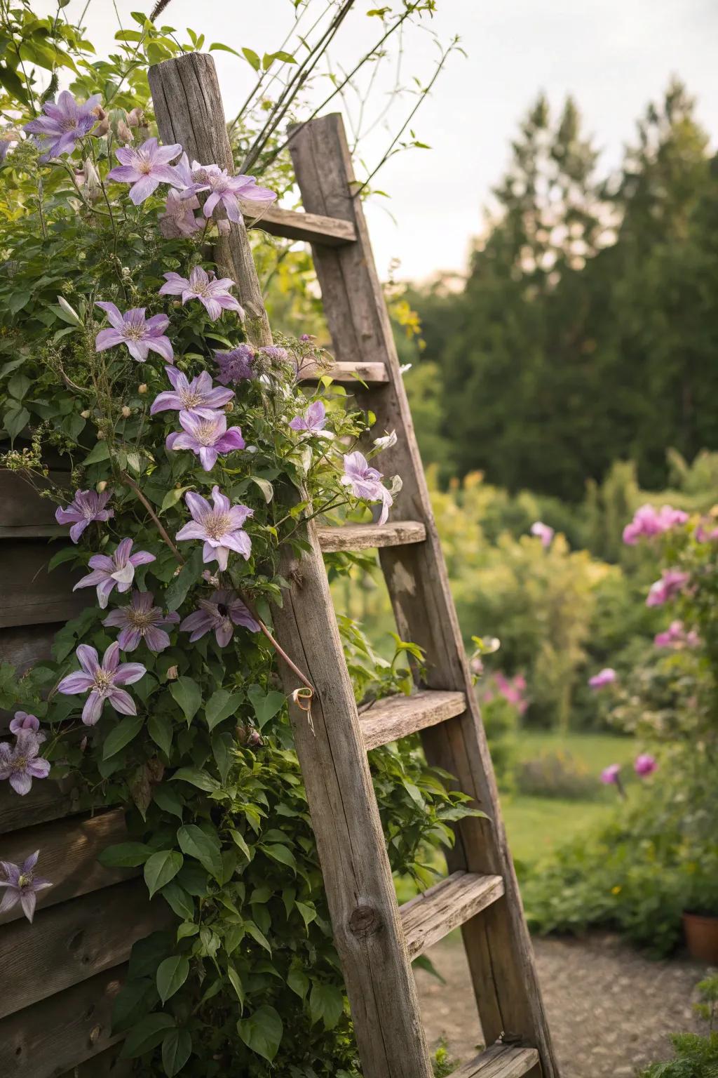 Clematis elegantly covering an old wooden ladder.