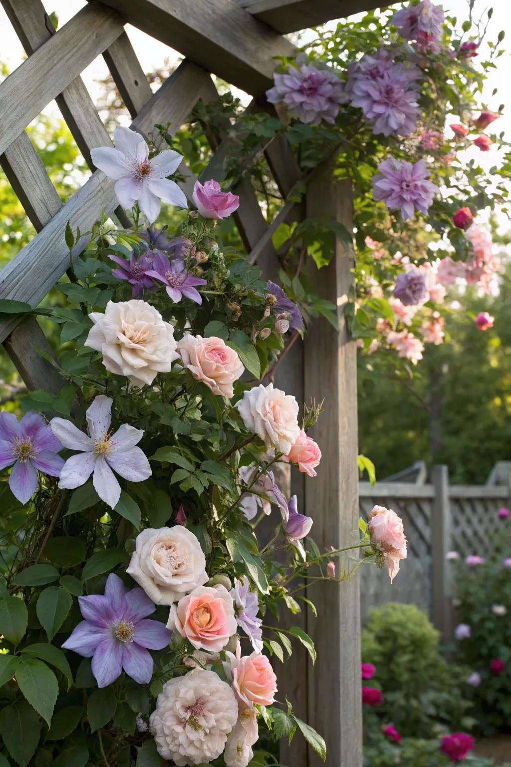 Clematis and roses creating a stunning display on a trellis.