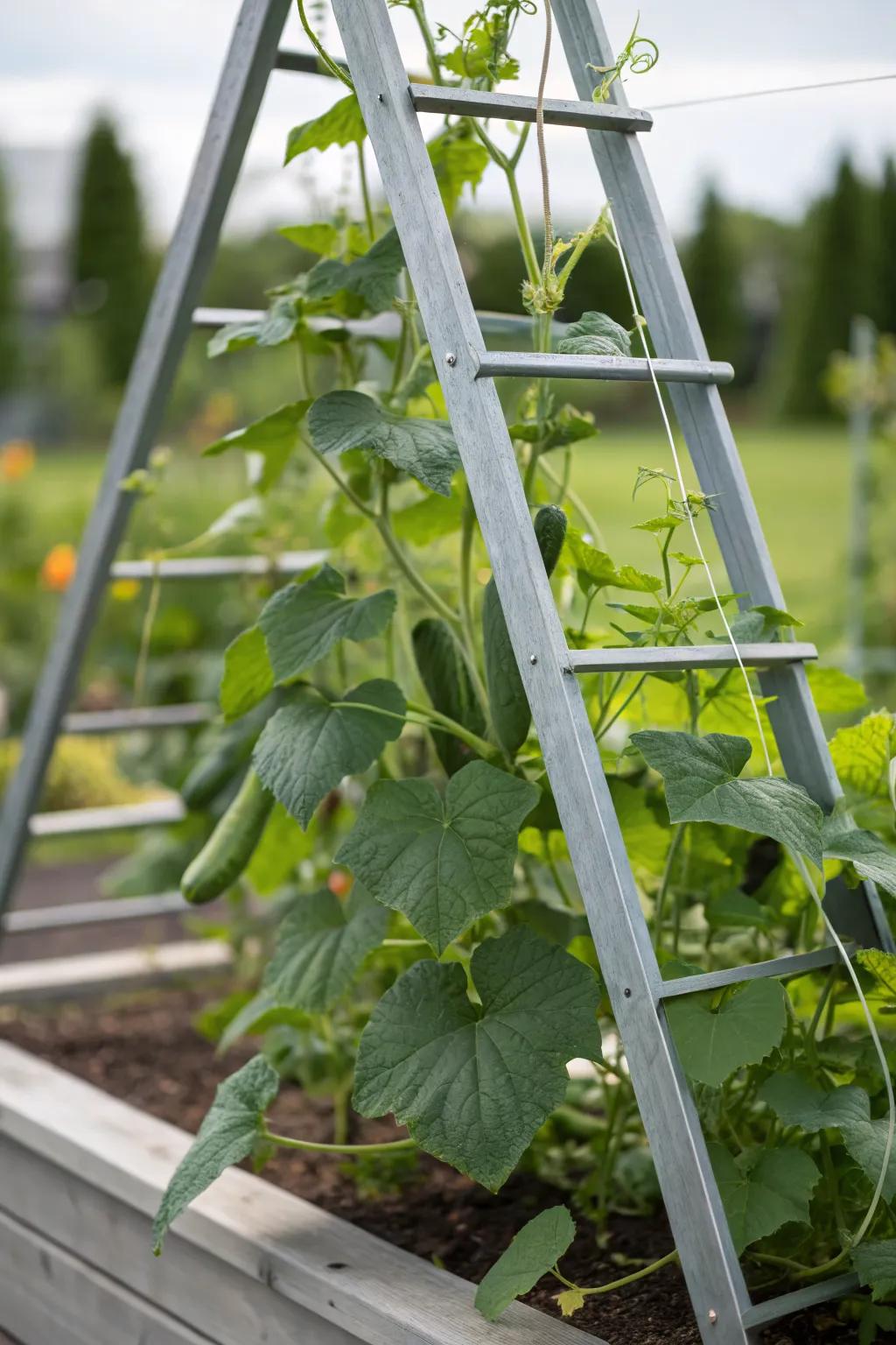 A contemporary metal A-frame trellis supporting cucumbers.