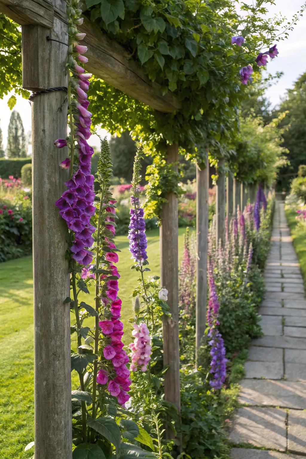 Vibrant snapdragons climbing decorative poles