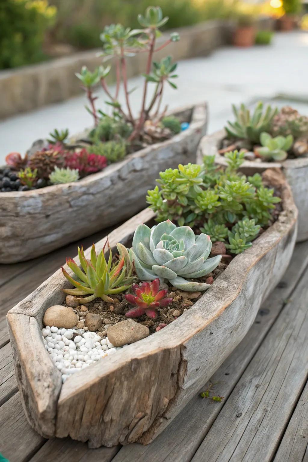 Succulents thriving in unique driftwood planters.