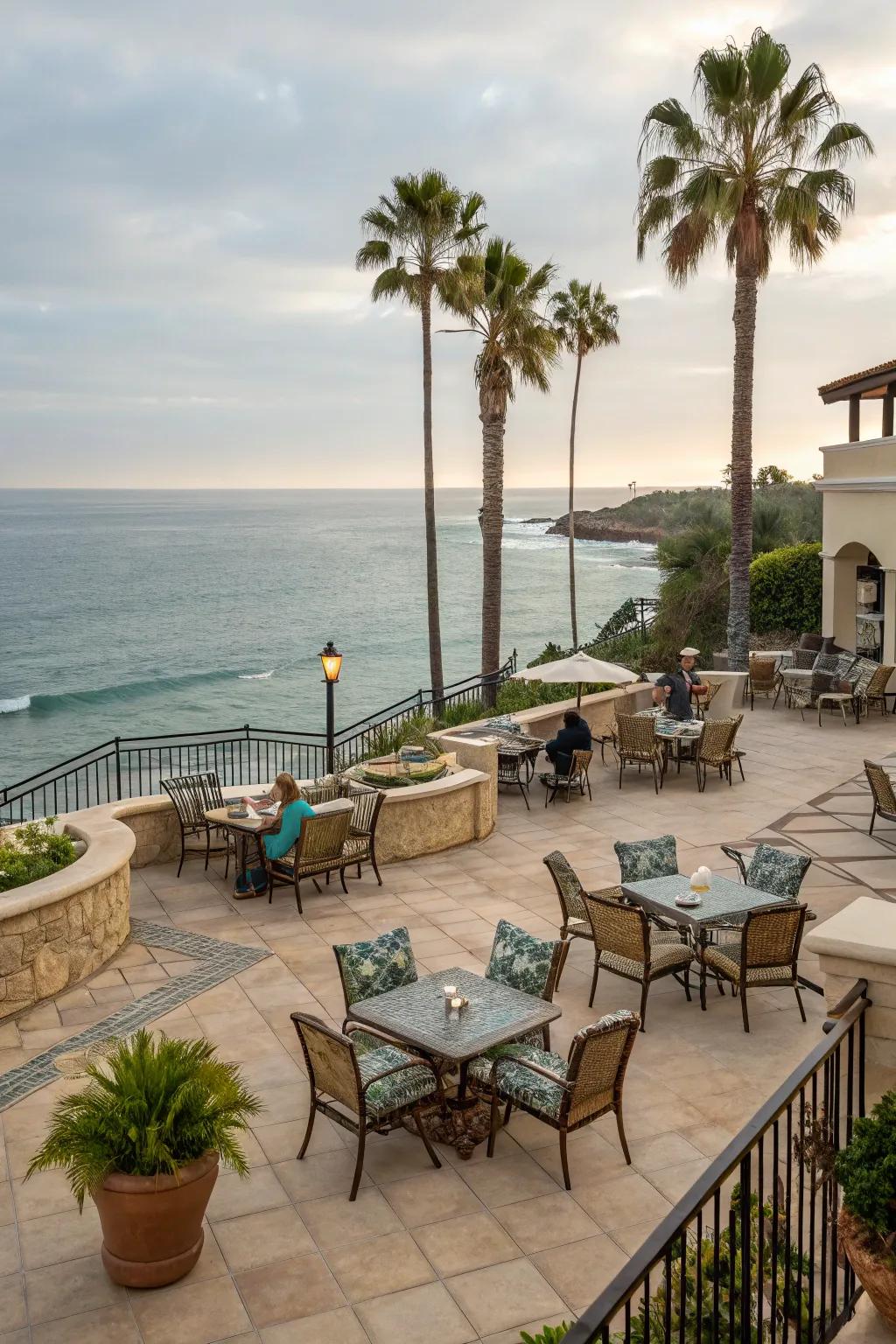 Open layouts create inviting spaces for socializing on a coastal patio.