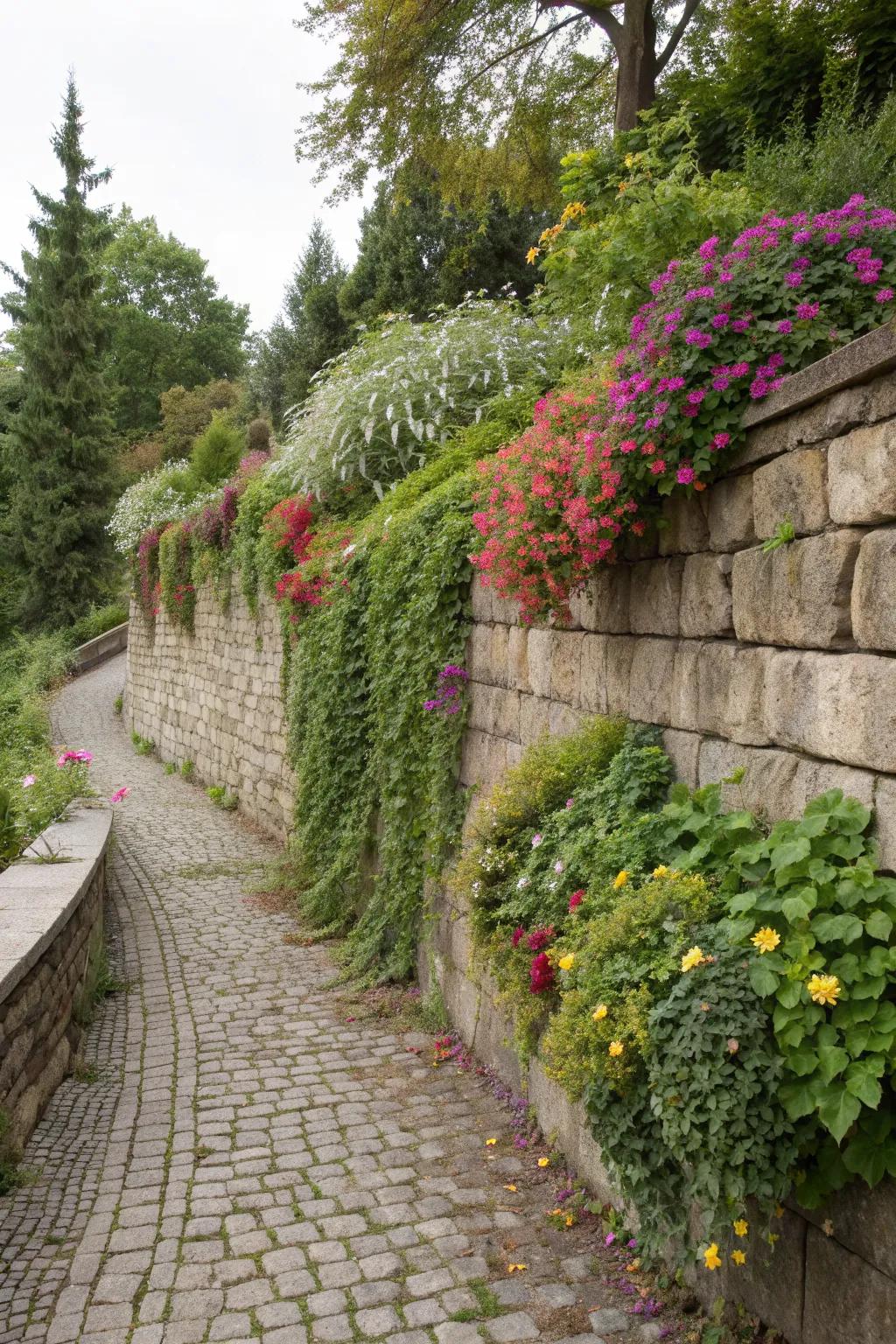 A cobblestone retaining wall with greenery.