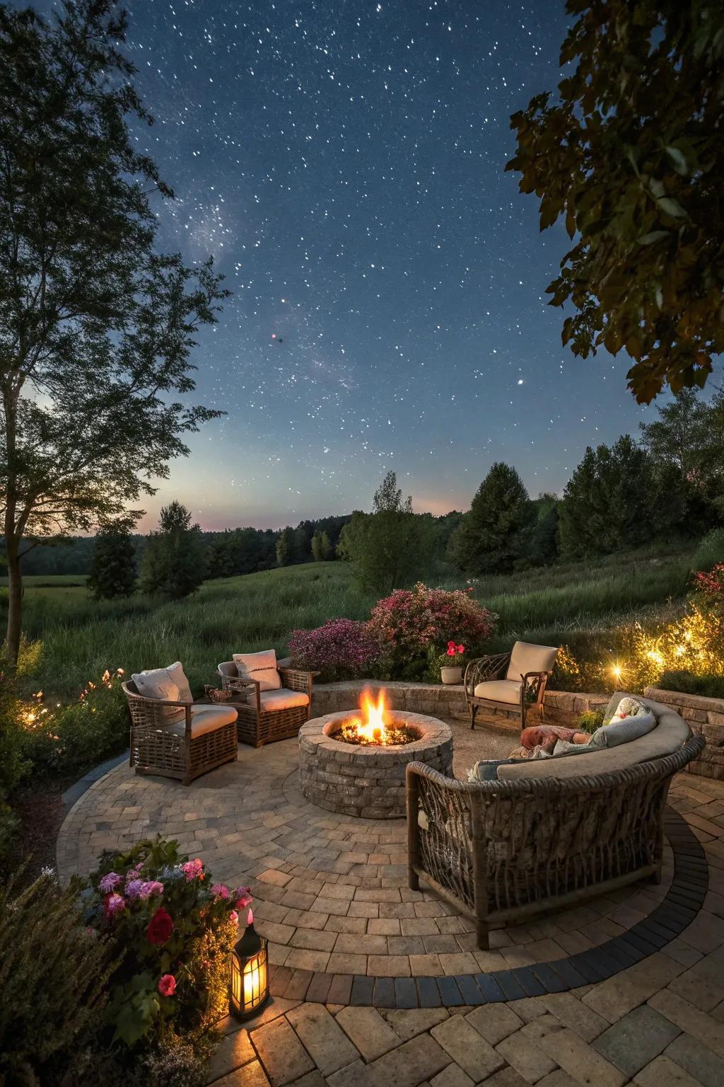 A warm and inviting cobblestone fire pit area perfect for gatherings.