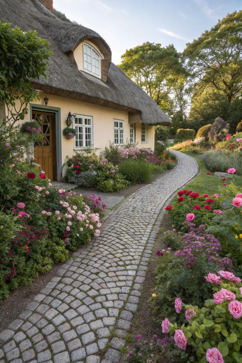 A cobblestone path creating a welcoming cottage entrance.