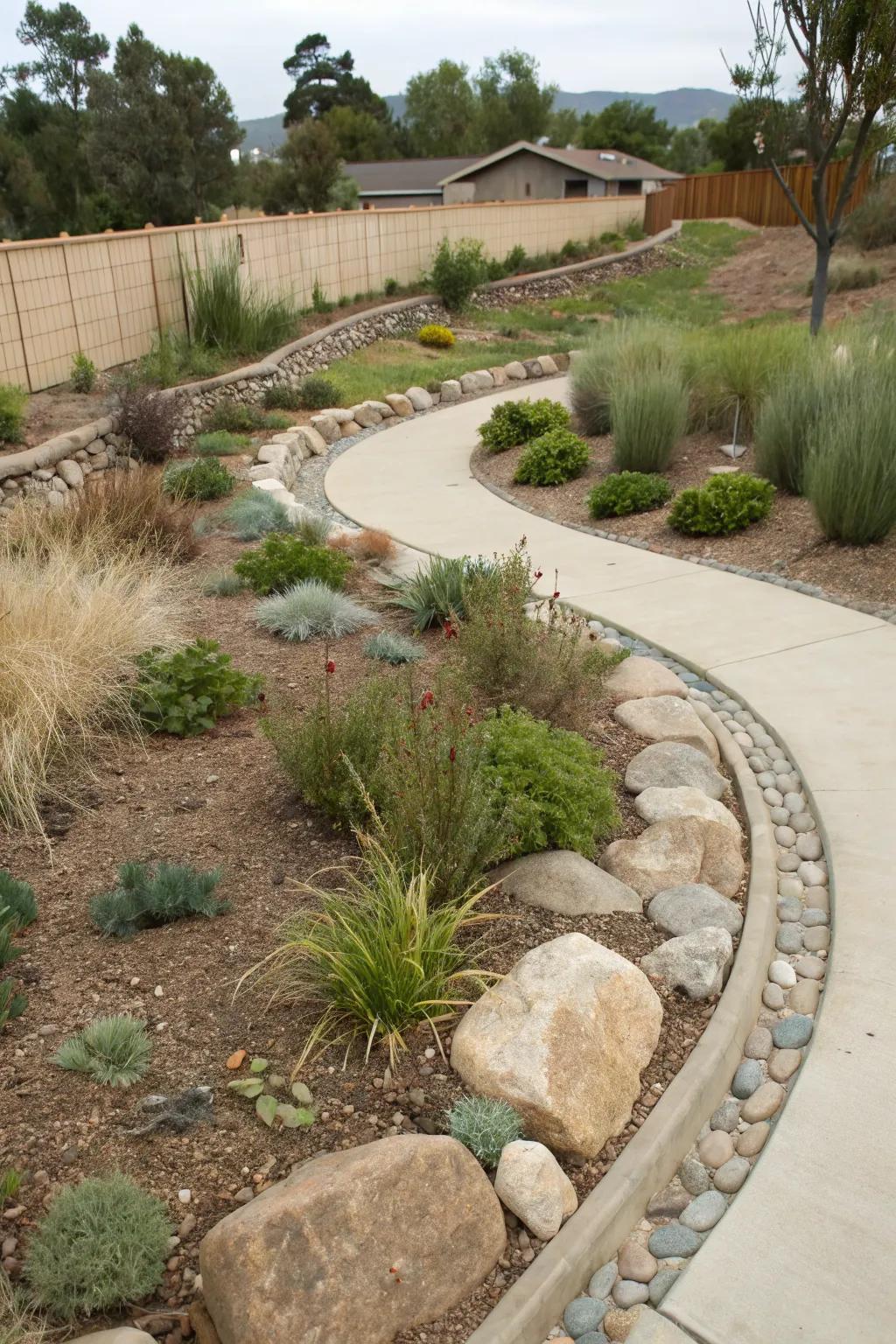 A bioswale enhances water management in a xeriscape garden.