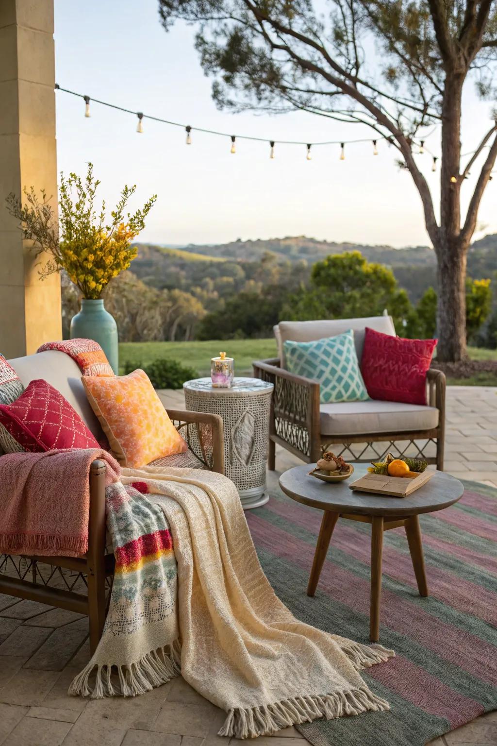 Cozy blankets and throw pillows create an inviting atmosphere.