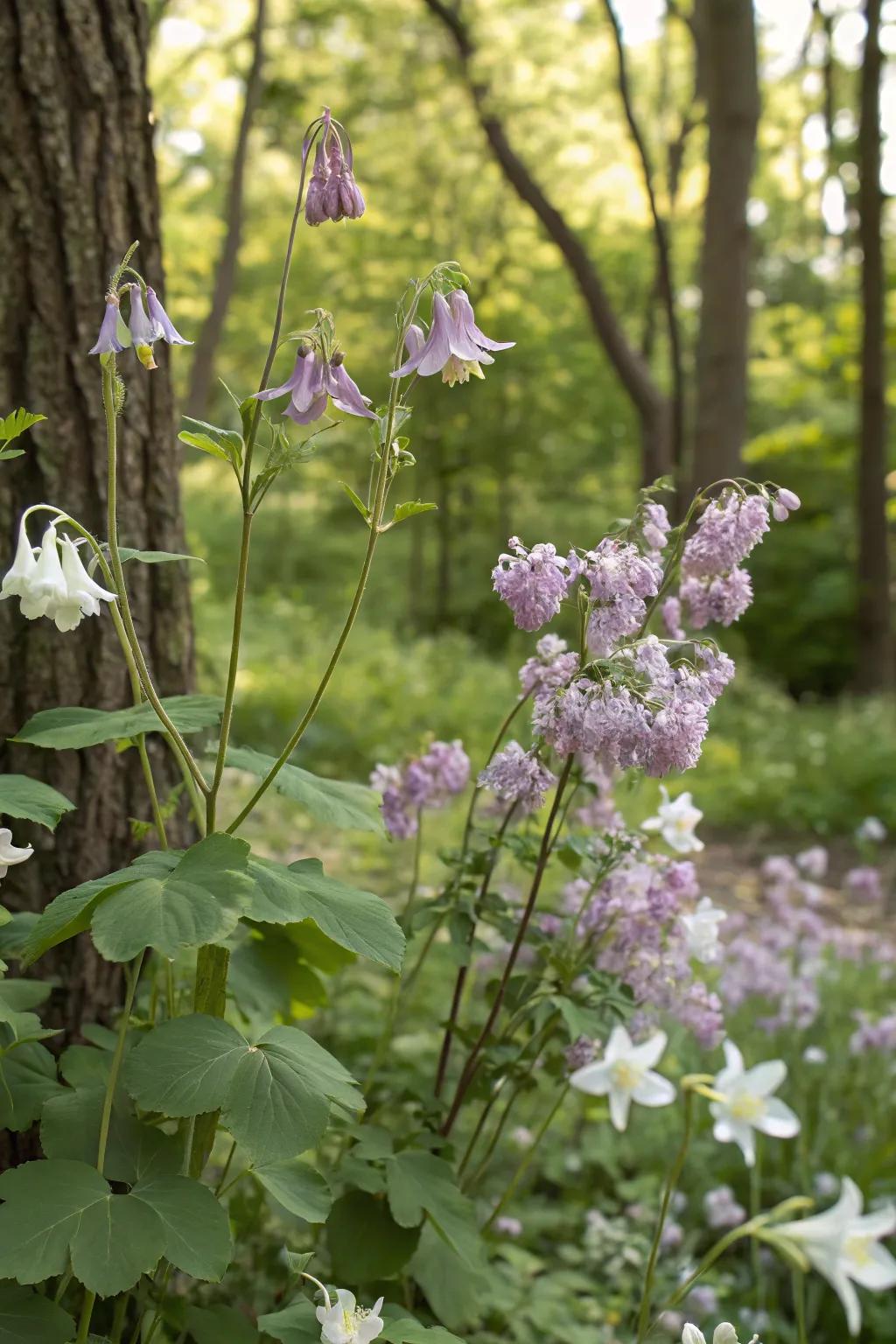 Columbines add whimsical charm beneath lilac trees.