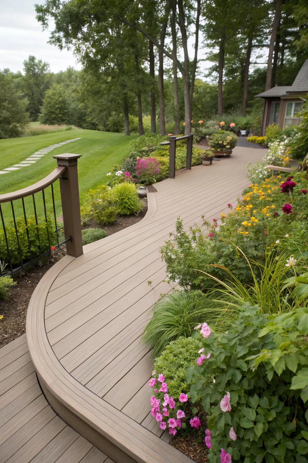 Curved decking designs create a harmonious connection with nature.