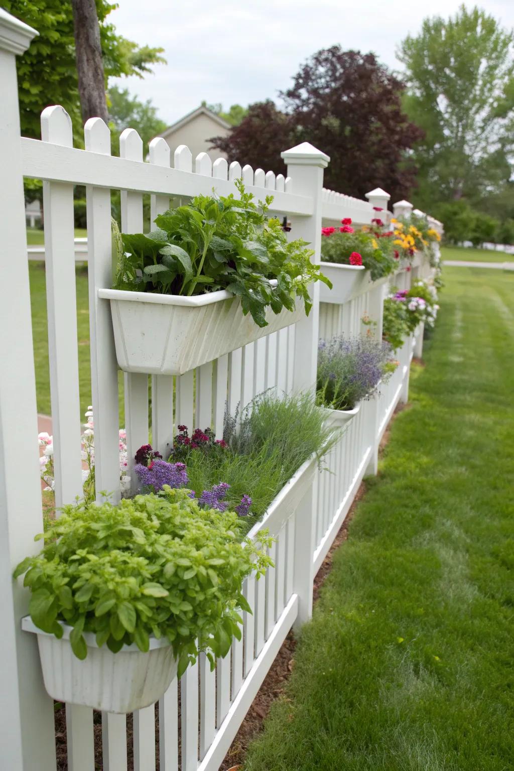 A vertical garden on a composite fence maximizes space and adds greenery.