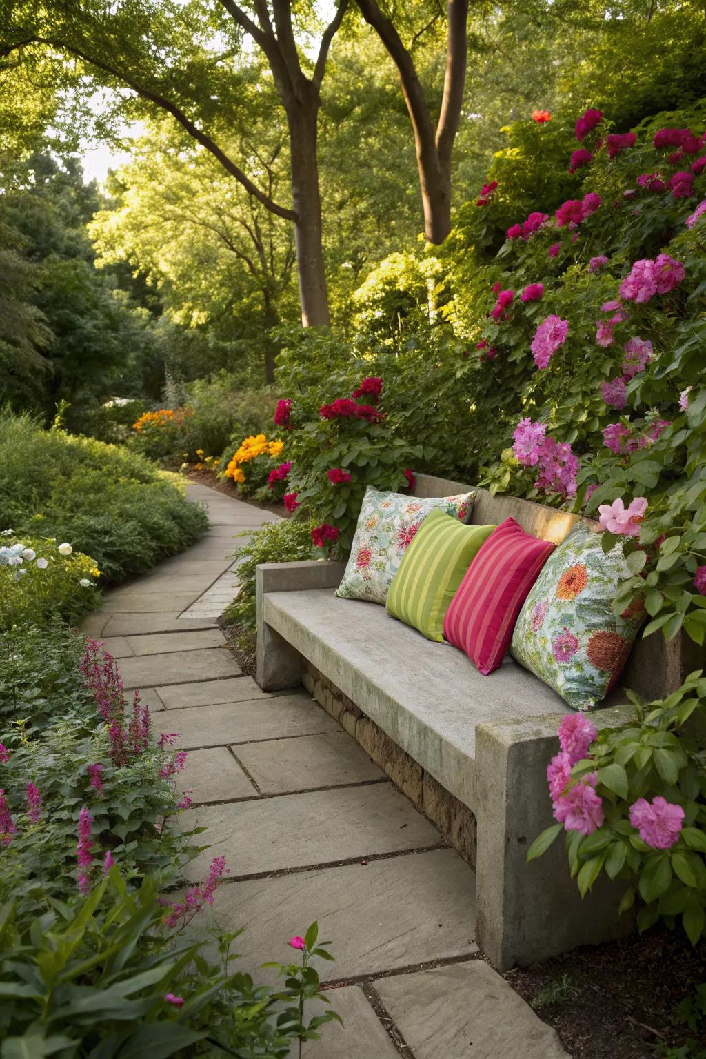 A cozy concrete bench with cushions nestled in a lush garden.