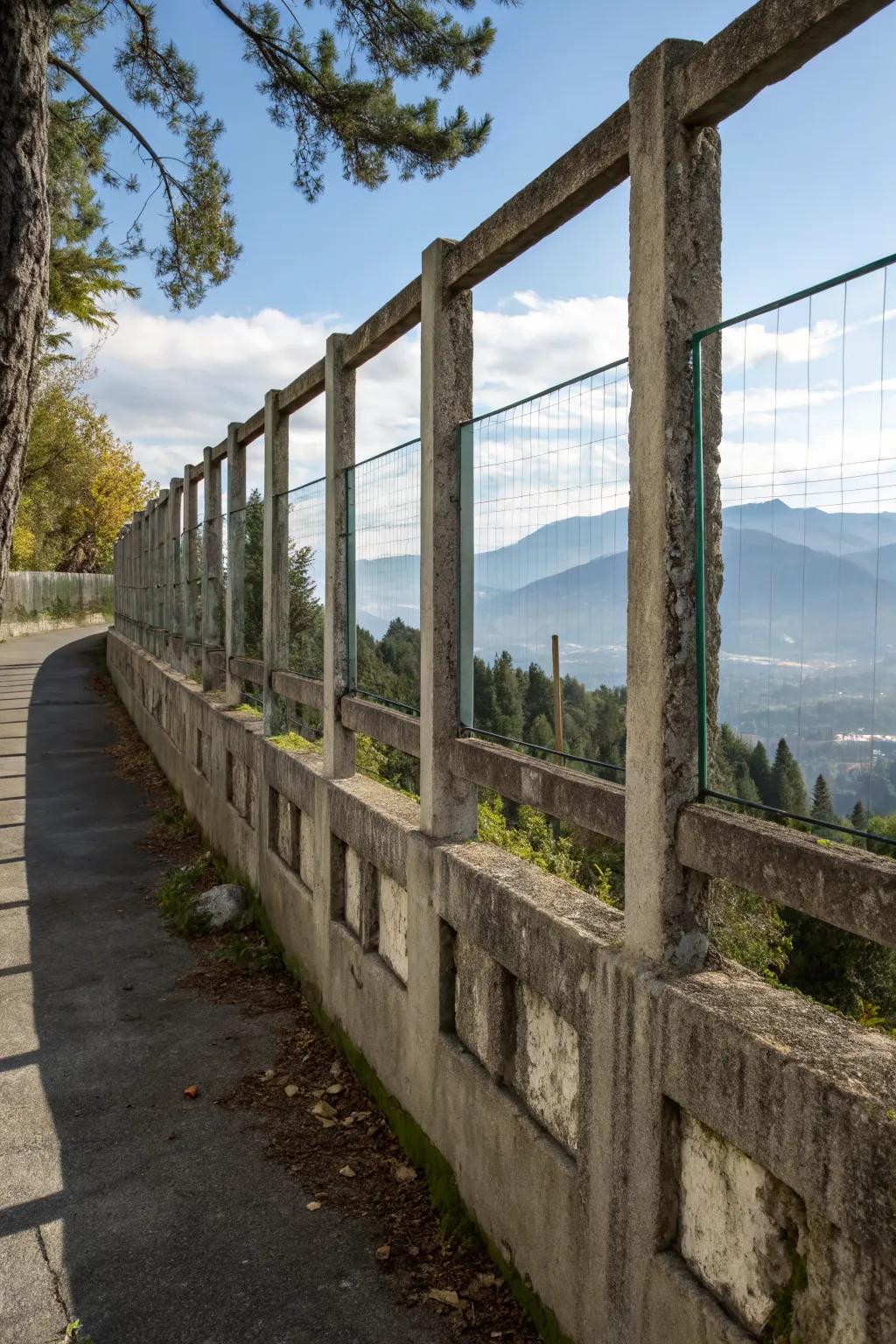 Transparent elements preserve views in this concrete fence design.