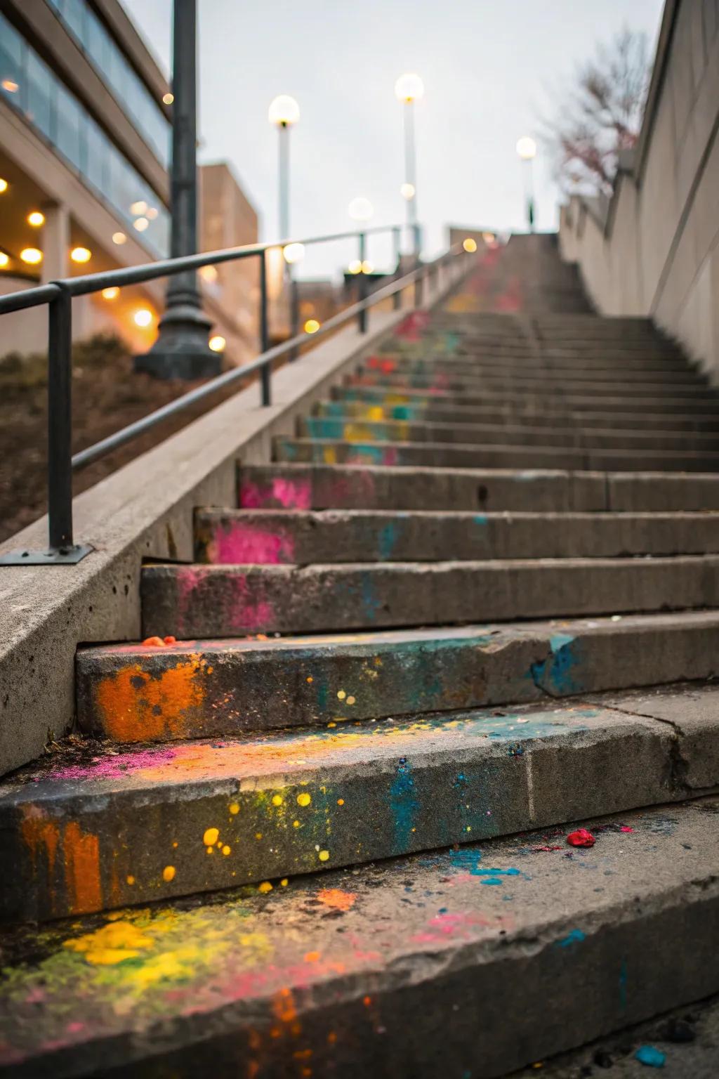 Colorful staining brings vibrancy and personality to concrete stairs.