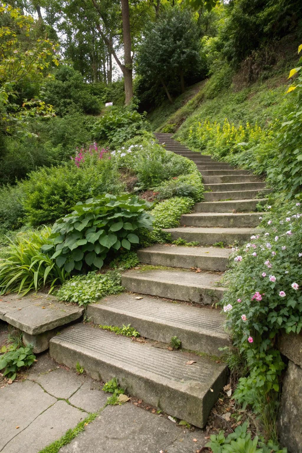 Navigate slopes with elegance using tiered steps.
