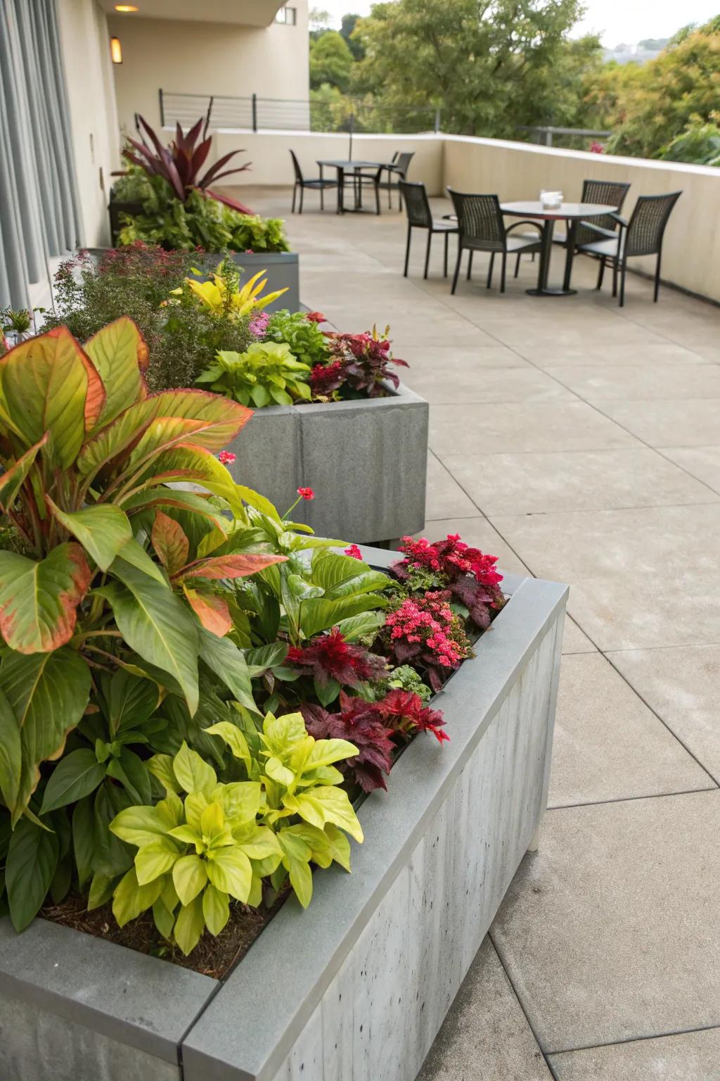 Vertical planters bring life and color to small patios.
