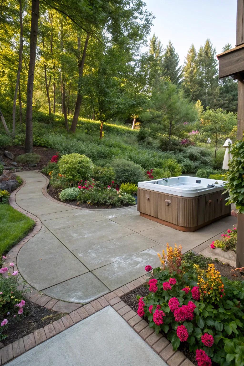 Lush landscaping transforms a concrete patio into a verdant retreat with a hot tub.