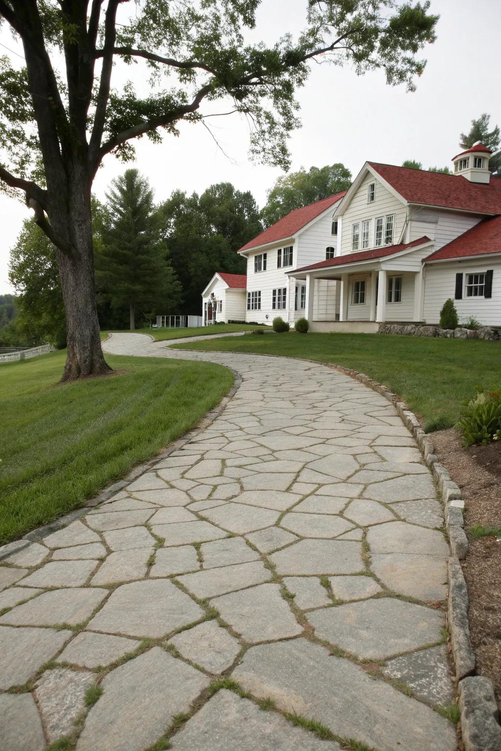 The rustic charm of a farmhouse-inspired driveway.