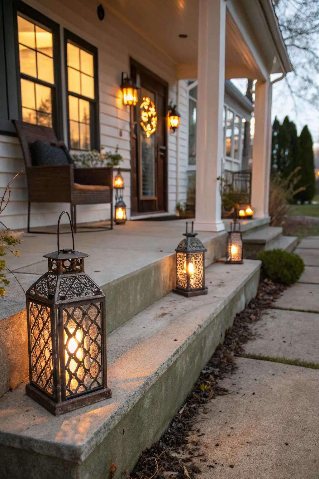 Illuminate your porch with decorative lanterns for a cozy ambiance.