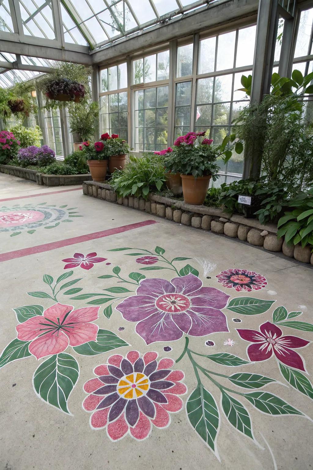 Stenciled designs add a whimsical and creative flair to concrete floors.