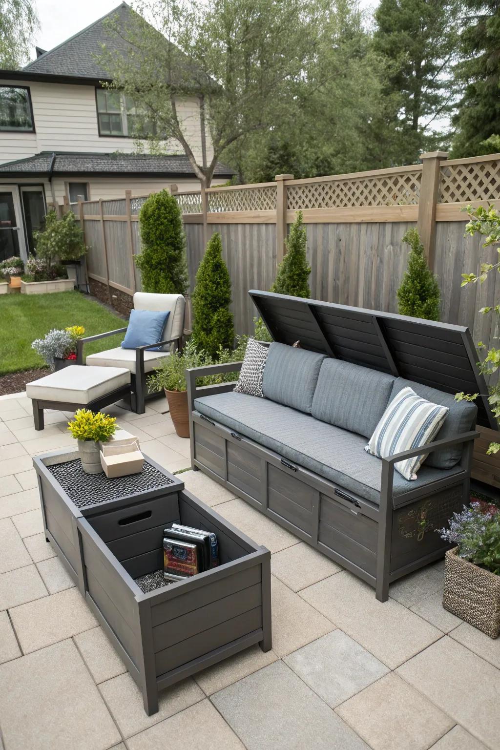 Multi-functional furniture maximizes space and utility in a condo backyard.