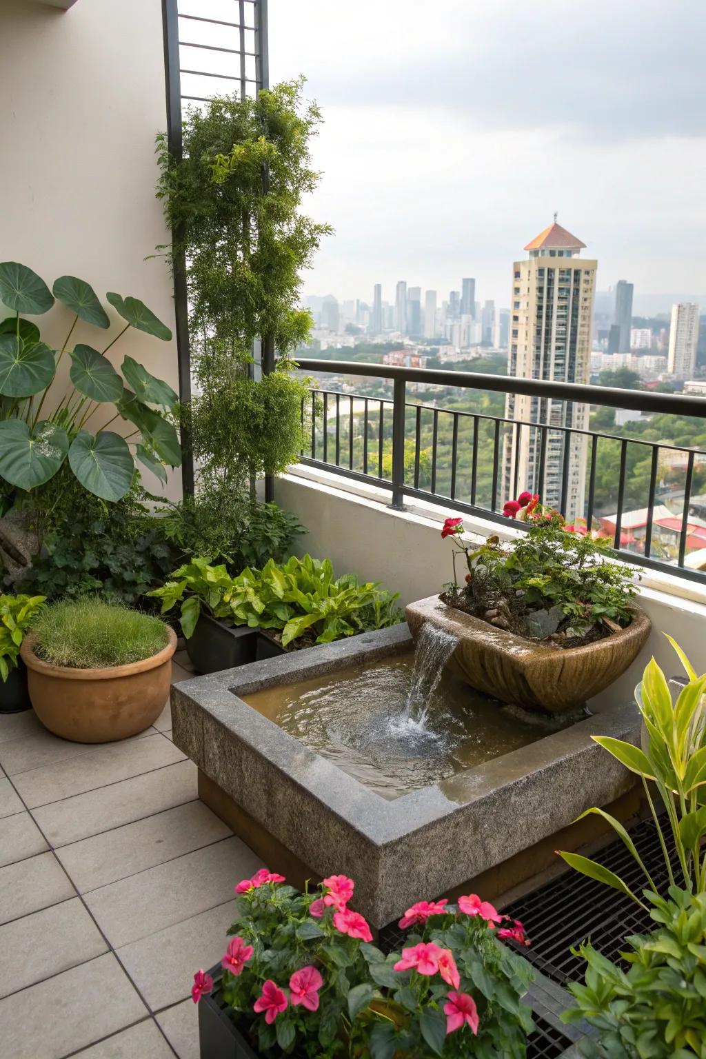 Create a tranquil space with a water feature on your balcony.