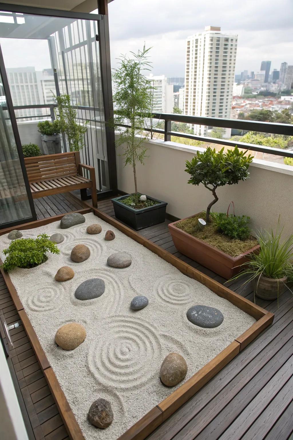 A tranquil zen garden on the balcony
