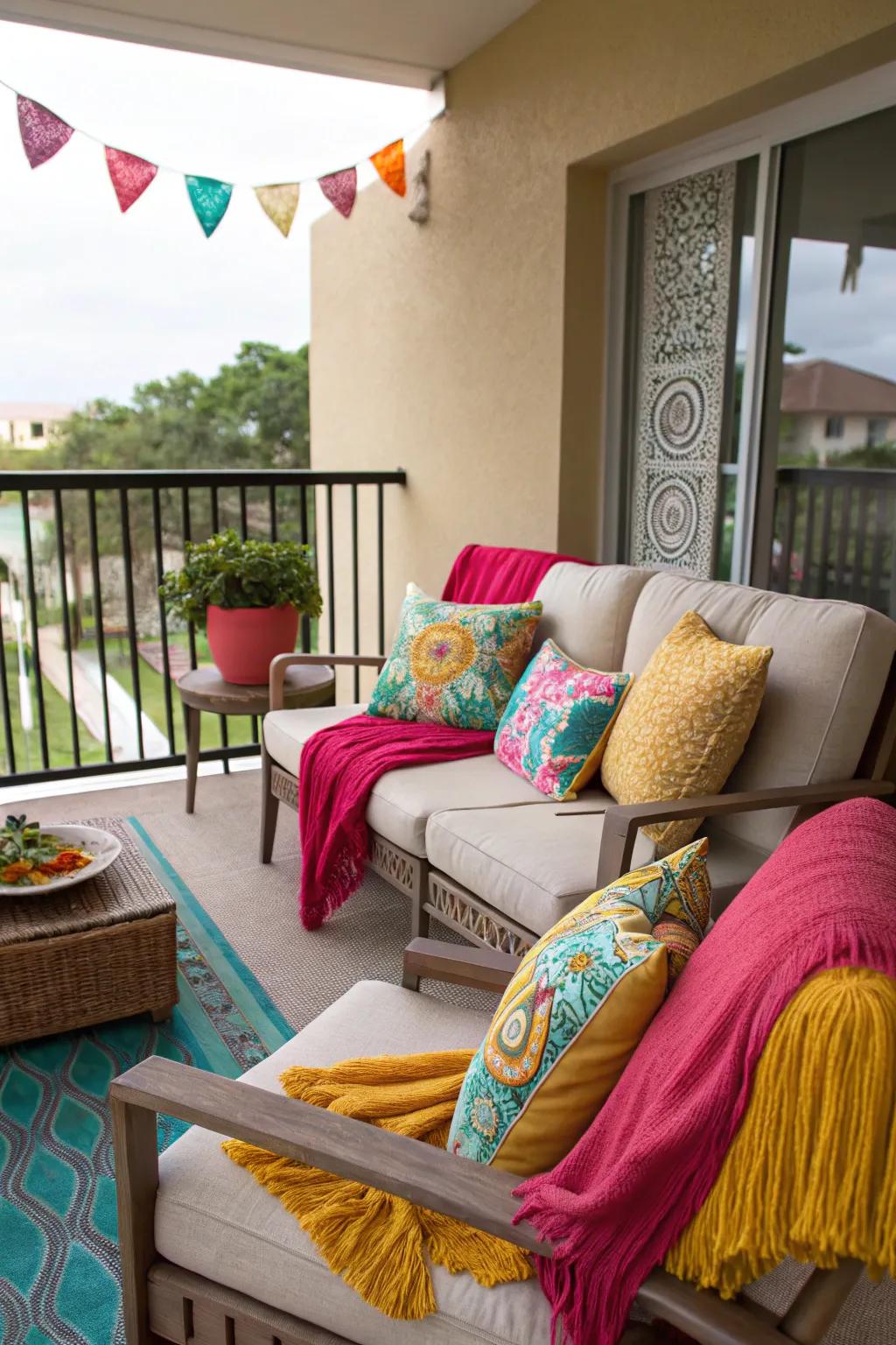 Bright pillows and a throw adding color to a condo patio.